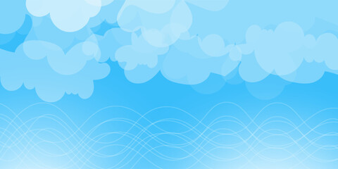 Sky with Clouds illustration in flat style. Sky and clouds background. Cloudy vector cartoon illustration in blue color. Nature abstract wallpaper.