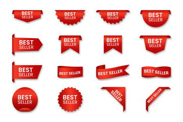 Best Seller Labels and Ribbons Set – Red Promotional Badge Vector Collection