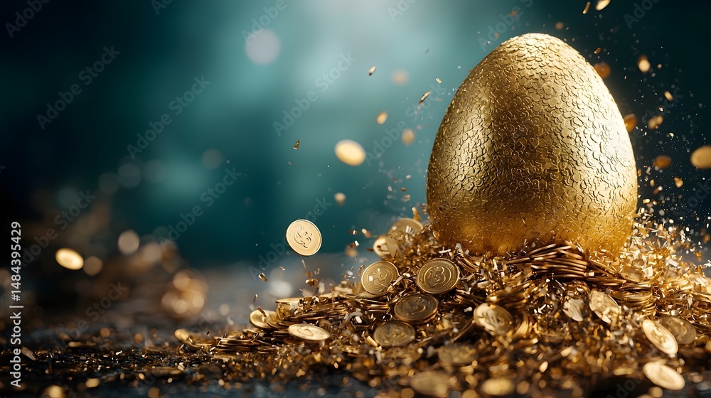 Poster golden egg cracking open to unveil streams of dividend coins illustrating the concept of consistent 