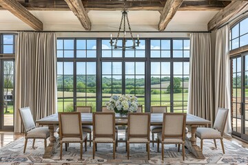 Fototapeta premium Elegant dining room with rustic wooden beams, large windows, scenic countryside view, and a classic table set for ten.