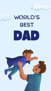 Father and son, super man, flying with World's Best Dad typography. Family life, human rights, identity, relationship concept. Slow motion vector animation, motion graphic video footage. 