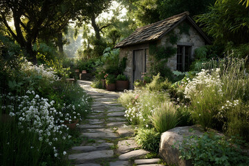 Naklejka premium Rustic garden path winding through lush greenery.