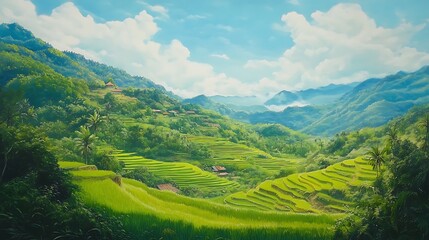 Fototapeta premium Breathtaking rice terraces carve through lush green mountains with vibrant paddies and soft sunlight for peaceful rural beauty and harmonious natural landscape concept.