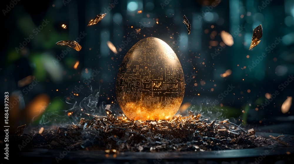 Poster surreal floating golden egg with swirling digital data symbolizing the ai powered transformation of 