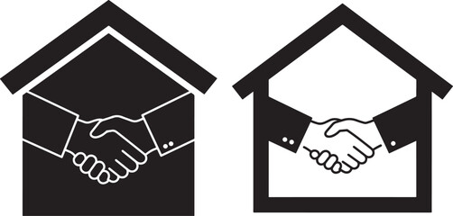 Set of two Flat Black Vector Silhouette of a Home Icon with Handshake Inside, Symbolizing Real Estate Agreement, Property Deal, Business Partnership, and Housing Contract on White Background