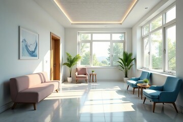 Modern, bright doctor's surgery waiting area with comfortable seating and natural light , medical clinic, comfortable chairs