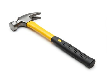 A claw hammer with a yellow and black handle lying on a white surface ready for construction work