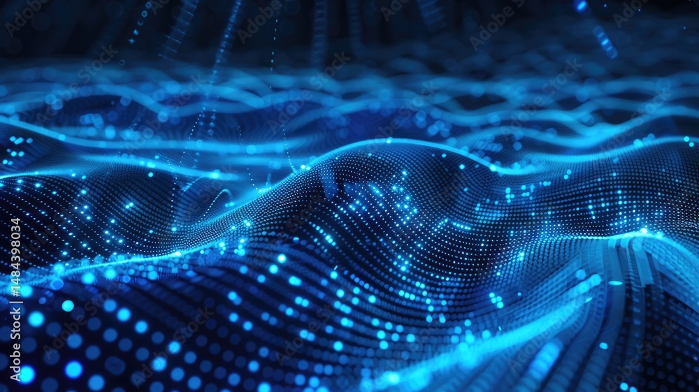 Poster abstract picture of blue light particle with digital technology style design connecting become dynam