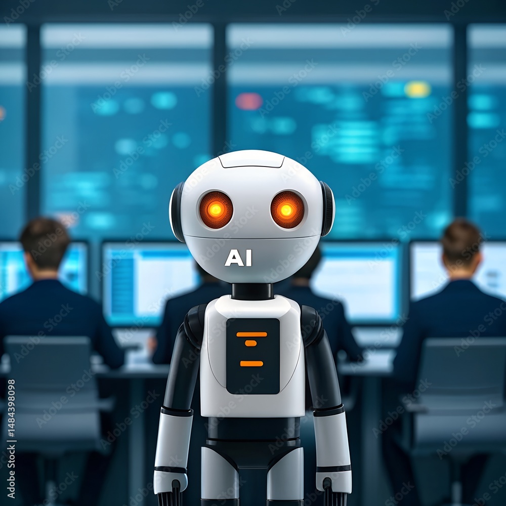 Poster futuristic ai robot overseeing security team at a control center of a technology company