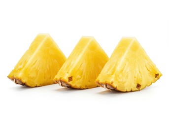 Three pineapple slices arranged in a row on a white surface showcasing their fresh and juicy texture