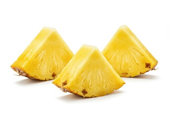 Three pineapple slices are arranged on a white surface in a studio shot