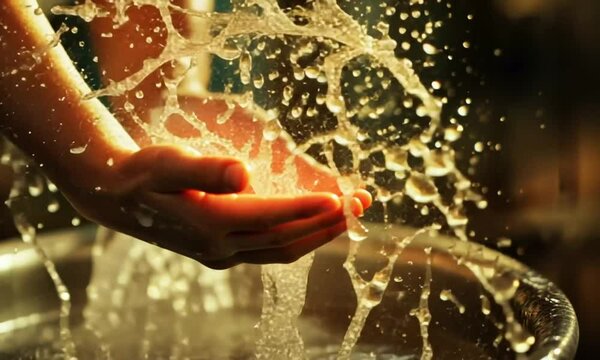 Splashing water on hands in slow motion creating a refreshing and clean environment