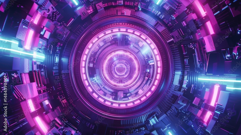 Aufkleber abstract picture of mysterious geometric shape portal with digital style neon light glowing to leadi