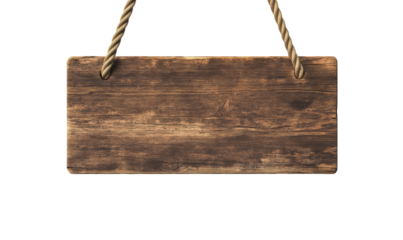 Rustic wooden signboard hanging by rope