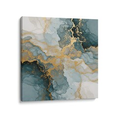 Elegant fluid art canvas print in teal, grey and gold leaf
