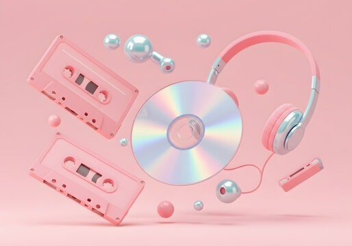 Collection of music technology objects in pink headphones c ds and cassettes