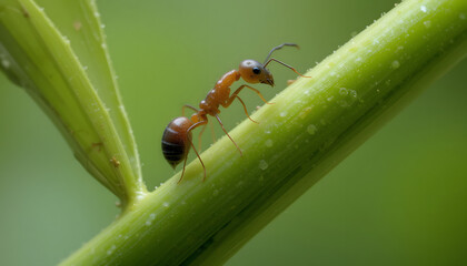 Macro Shot of a Colobopsis schmitzi Ant on a Green Plant Stem