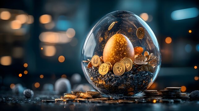 Golden egg radiating light while floating inside a transparent piggy bank representing the core of a secure and prosperous financial future for investment savings and wealth growth