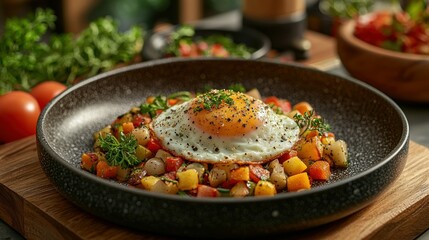 Savory breakfast hash with fried egg