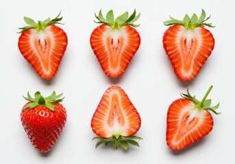 Close up of several fresh strawberries, some halved to reveal the vibrant red flesh