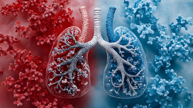 3D Render of Human Lungs: Anatomical Science Illustration with Red and Blue Bronchioles