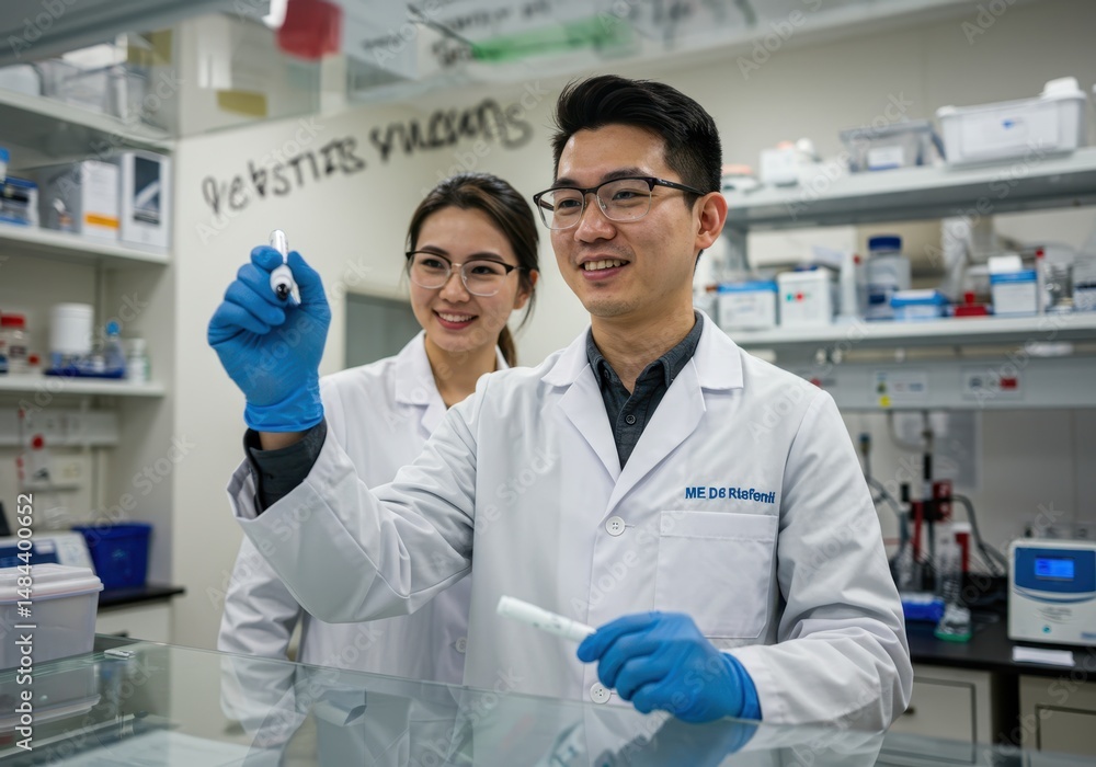 Poster two scientists in a laboratory working on an experiment with a whiteboard and scientific equipment