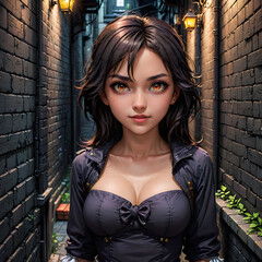  a person standing in a narrow alleyway with brick walls. The person is wearing a dark,