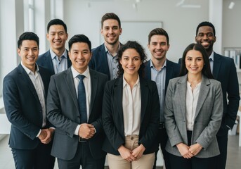 Diverse group of business professionals smiling in a corporate office environment
