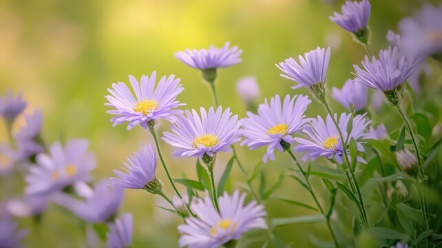 Aester Flowers with Shades of Purple and White in a Lush Garden Setting with Soft Focus Background
