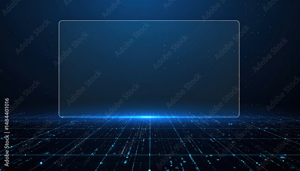 Poster digital futuristic display with transparent screen floating above grid of glowing data points