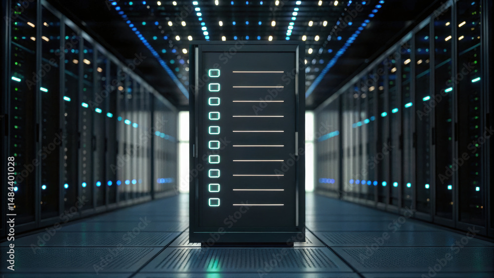 Poster modern data server rack in high tech data center with illuminated indicators and sleek design