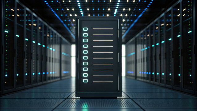 Modern data server rack in high tech data center with illuminated indicators and sleek design