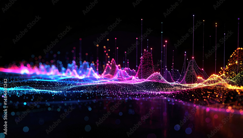 Poster digital visualization of data points and waveforms with colorful holographic effects