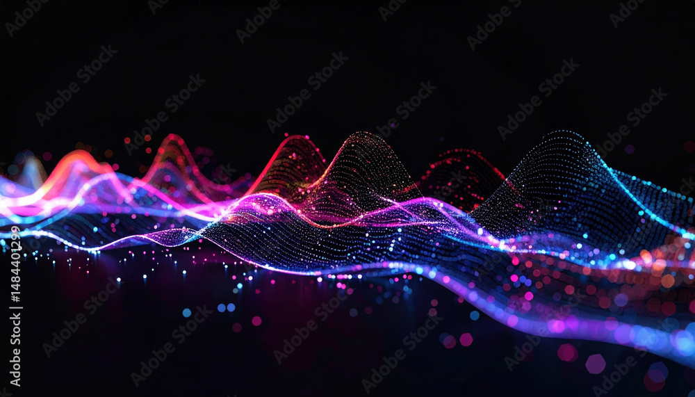 Poster digital visualization of colorful waveforms and holographic milestones representing data flow