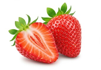 One strawberry is cut in half to show the inside next to a whole fresh red strawberry
