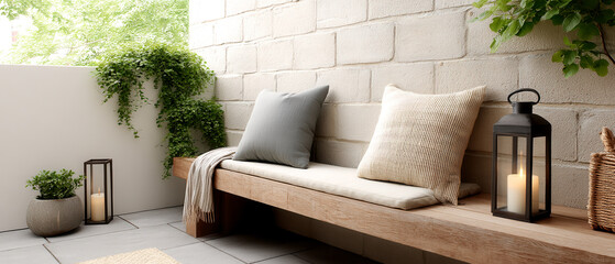 Cozy outdoor patio with wooden bench, soft cushions, potted plants, and lanterns creating a relaxing, inviting atmosphere.