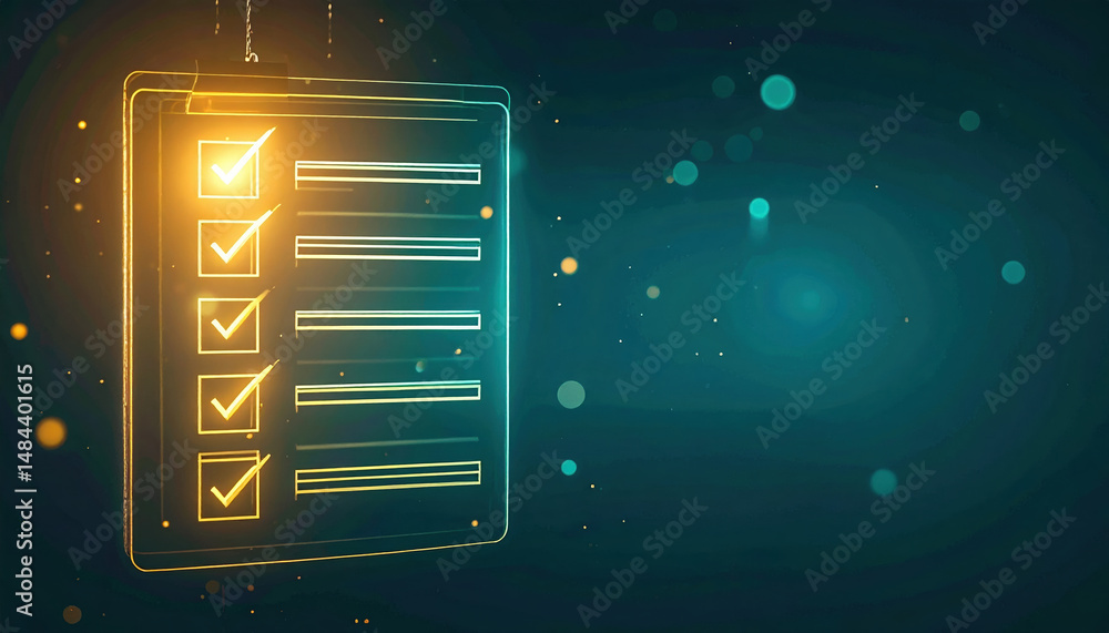 Poster digital checklist displayed as glowing hologram with checkmarks and lines, representing task