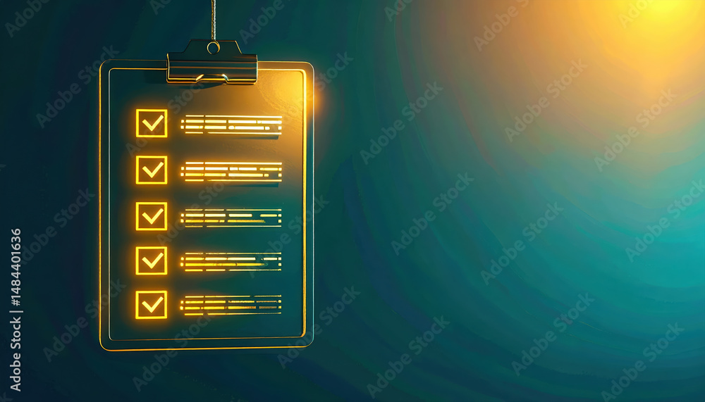 Poster digital checklist displayed glowing screen with checkmarks and lines, illuminated by warm light