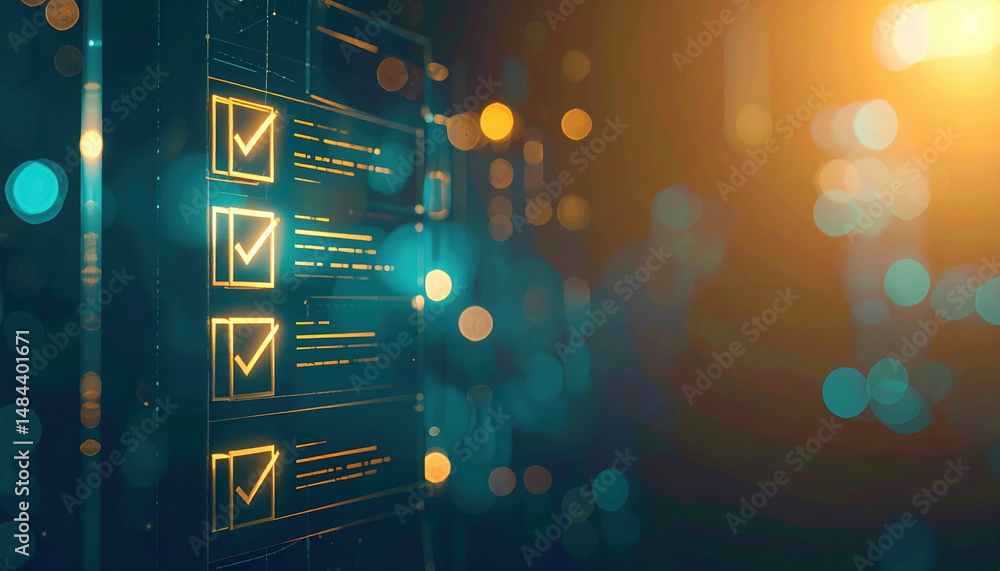 Poster digital checklist displayed as vertical list with checkmarks futuristic style, illuminated gold