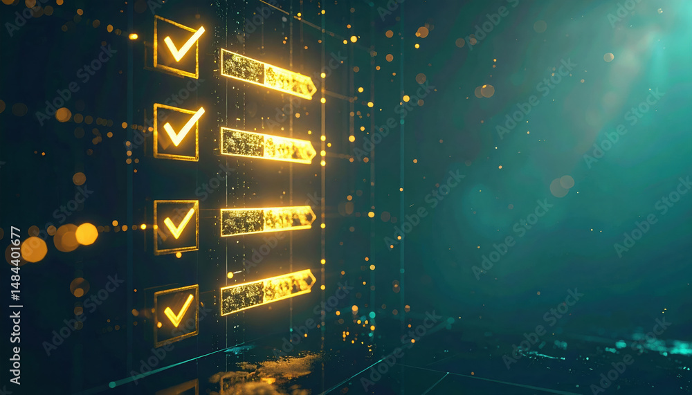 Aufkleber digital workflow displayed as vertical checklist gold and teal light suspended with glowing
