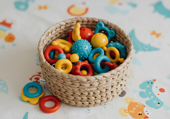 Fototapeta premium Colorful toys in woven basket