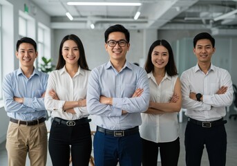 Group of asian business people standing in modern office with arms crossed and smiling