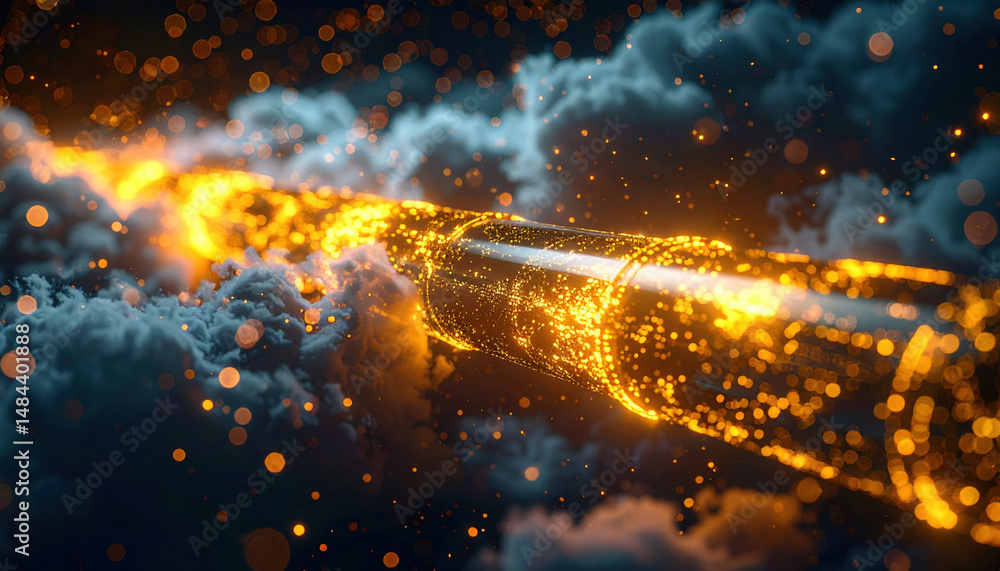 Poster futuristic digital representation of glowing pipeline emitting golden sparks through clouds