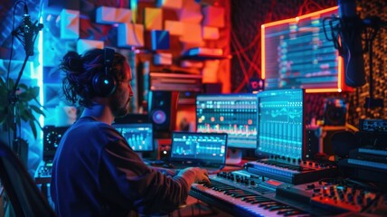 A musician in a recording studio with an AI assistant as a holographic music producer providing composition feedback. Instruments in background. AIG60