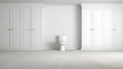 Modern clean white toilet placed centrally in a minimalist bathroom setting, showcasing hygiene, simplicity, and contemporary bathroom design aesthetics.
