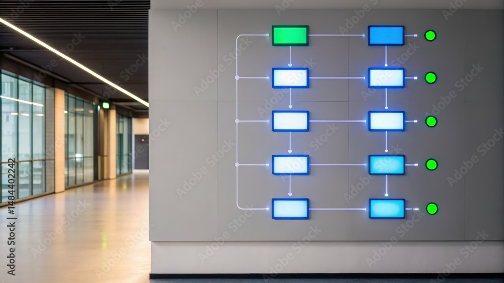 Poster digital workflow diagram with illuminated boxes and connecting lines displayed wall modern
