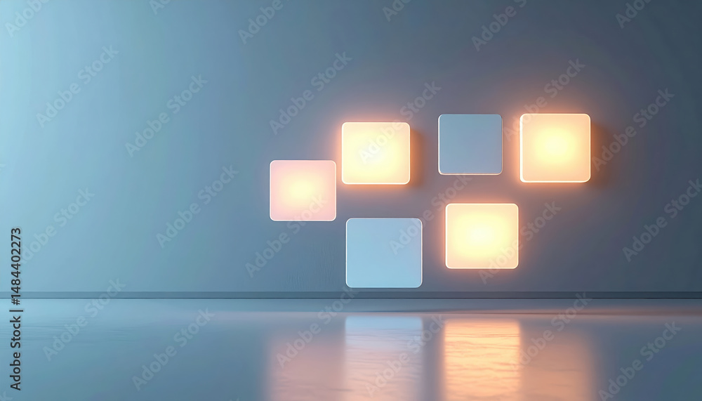 Poster modern wall with illuminated square tiles arranged pattern, creating sleek and futuristic look