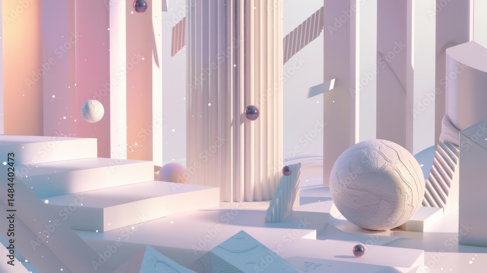 Fototapete abstract composition with colorful spheres and geometric shapes. digital artwork 3d rendering of sta