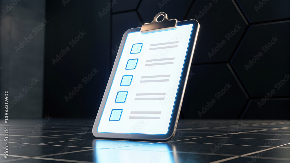 Poster digital checklist glowing clipboard with checkboxes and lines of text, illuminated dark