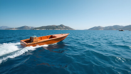 Obraz premium Orange Wooden Boat Sailing on Vast Blue Ocean, Nautical Adventure, Coastal Travel, Seaside Escape, Maritime Journey